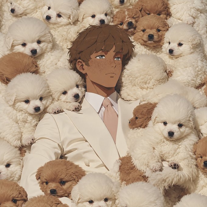 An anime-style illustration of a young man with freckled skin, brown hair, and green eyes, wearing a white suit and pink tie, surrounded by a multitude of fluffy white and brown puppies.
