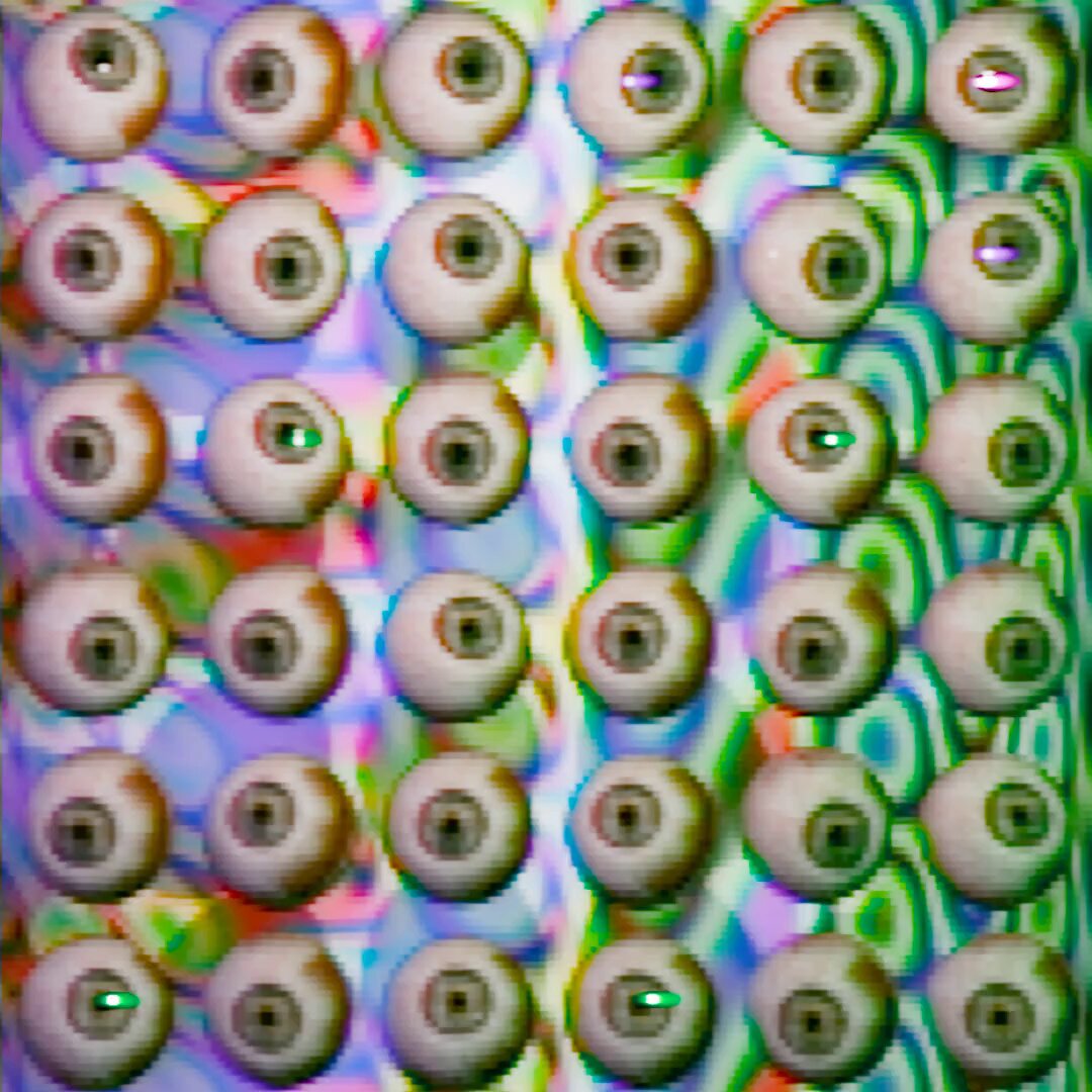 The image features a grid of small circles, each containing an eye with a green center. The circles are arranged in rows and columns, creating a visually striking pattern that draws attention to the eyes. The background of the image is white, which contrasts with the colorful circles and makes them stand out even more. The caption below the image reads: "SOLD! Huge thanks to @ex_mortal_ and @vjcentero for collecting my eyes."