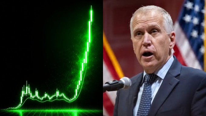 A side-by-side image showing a green cryptocurrency chart with a sharp upward trend on the left and Senator Thom Tillis speaking at a podium with an American flag in the background on the right, illustrating the post's connection between the proposed CLARITY Act and its potential impact on crypto market growth.