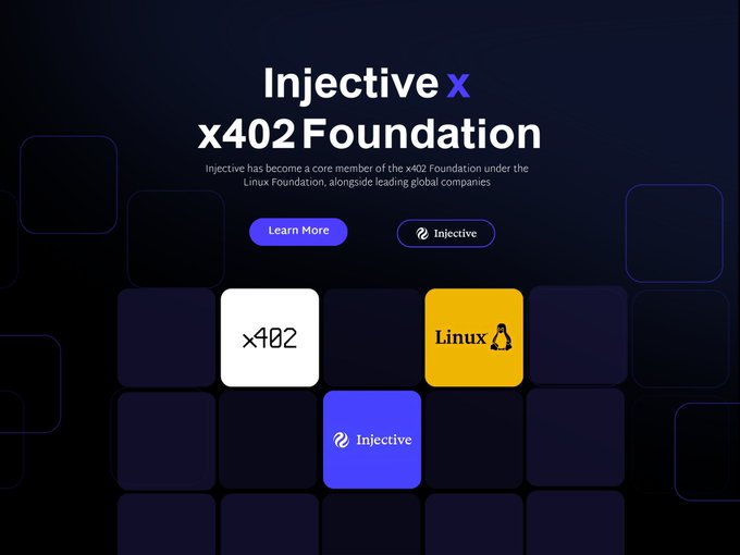 A dark promotional graphic announcing 'Injective x x402 Foundation' with text stating Injective has become a core member of the x402 Foundation under the Linux Foundation, alongside logos for x402, Linux, and Injective.