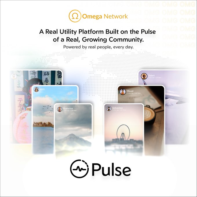 The image showcases the Omega Network ("OMG") as "A Real Utility Platform Built on the Pulse of a Real, Growing Community," featuring a lineup of user profile cards (Ekaterina, Miyuki, Sebastian, John) representing real daily users, with the "Pulse" logo at the bottom—visually reinforcing the post's message that Omega Network is building everyday, real-world Web3 utility beyond mining.