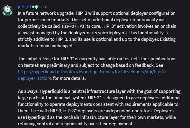 A Discord message from "jeff.hl" announces HIP-3*, an optional add-on to HIP-3 enabling permissioned markets with onchain allowlists for deployers, with specifications now available on testnet. The announcement directly supports the post's framing of Hyperliquid as infrastructure for regulated and permissioned markets serving US users and institutions.