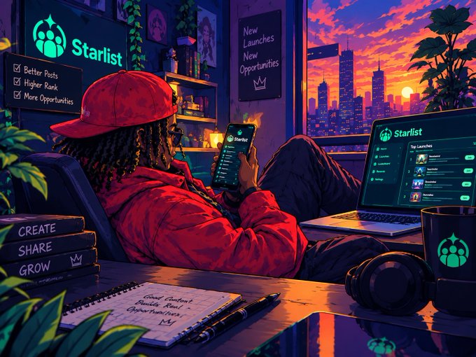 A stylized neon illustration shows a person in a red hoodie reclining with a phone and laptop in a futuristic room. Visible branding includes “Starlist,” with side-panel text such as “Better Posts,” “Higher Rank,” and “More Opportunities.”