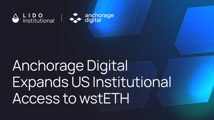 A promotional graphic featuring the Lido Institutional and Anchorage Digital logos with the headline "Anchorage Digital Expands US Institutional Access to wstETH."