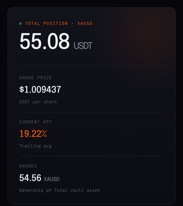 A dark mobile app screen showing a financial position summary for XAUSD with a total position of 55.08 USDT, share price of $1.009437, a current APY of 19.22%, and 54.56 shares.