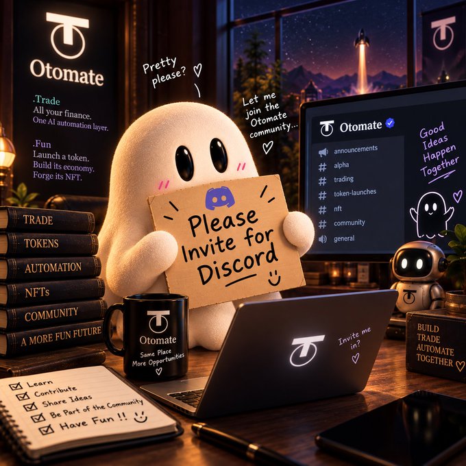 A promotional image for 'Otomate' featuring a cute white ghost-like character holding a 'Please Invite for Discord' sign, alongside a Discord channel list and books labeled 'TRADE', 'TOKENS', 'AUTOMATION', 'NFTs', and 'COMMUNITY'.