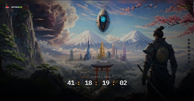 A futuristic webpage or game interface titled 'SATOSHI HUB' shows a samurai overlooking a cyberpunk cityscape with a countdown timer reading '41 : 18 : 19 : 02' until the 'GENESIS AIRDROP' information release.