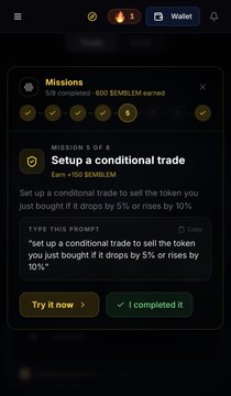The image shows a cell phone screen with a message from a trading app, displaying information about missions and their progress. The first mission is titled "Mission 5", which appears to be related to buying and selling tokens using prompt messages. The second mission is labeled "Mission 4" and has already been completed. The third mission is titled "Mission 3". The fourth mission is still in progress, as indicated by the message that says "I'm rounding up tonight with the Fifth EmblemAI mission on @EmblemVault platform."