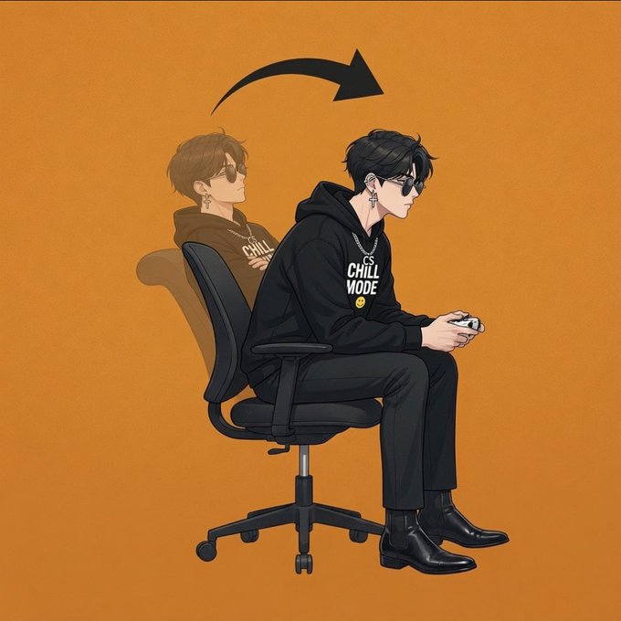 An anime-style illustration on an orange background showing a young man in a black hoodie that reads 'CS CHILL MODE' and sunglasses, sitting in a black office chair and holding a game controller, with a black arrow curving above his head.