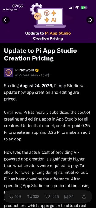 A Telegram post from Pi Network (@PiCoreTeam) announcing updates to Pi App Studio Creation Pricing effective August 24, 2026, explaining changes to app creation and editing costs, with 109 comments, 338 reposts, 1235 likes, and 34 bookmarks.
