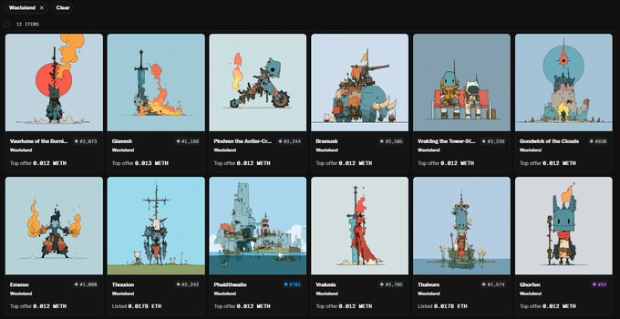 A marketplace interface displays a grid of NFT items from the 'Wasteland' collection, featuring various illustrated mechanical or wasteland-themed characters with names like 'Glamoth', 'Ptolemy', 'Vishkha', and 'Thothm', along with their prices in WETH.