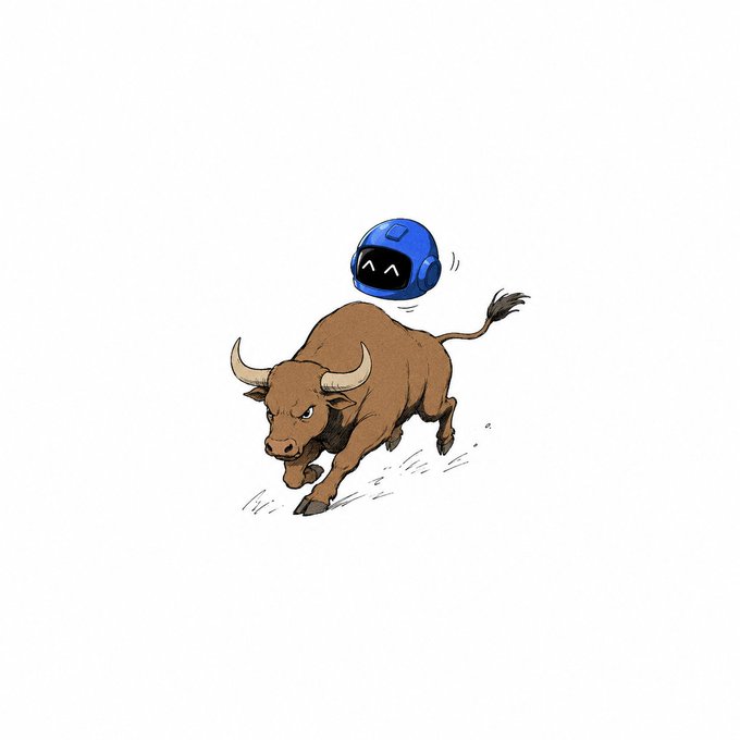 An illustration of a brown bull charging forward with a blue robotic helmet featuring a digital face floating just above it on a white background.