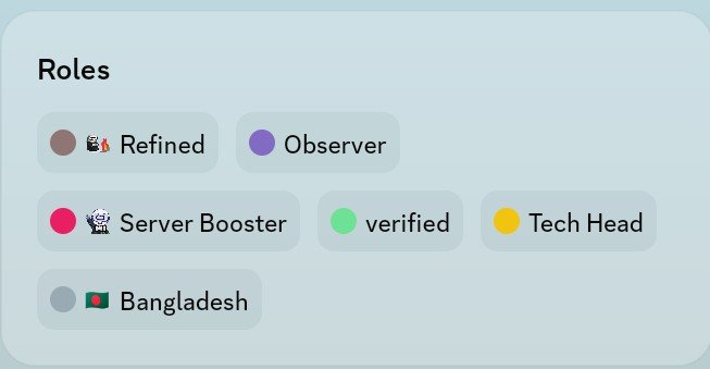 A Discord-style 'Roles' panel displaying badges for Refined, Observer, Server Booster, verified, Tech Head, and Bangladesh.