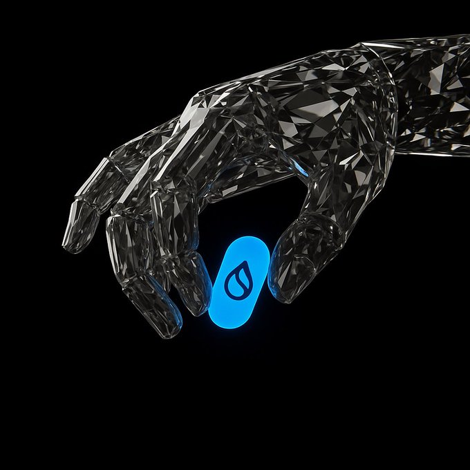 A 3D rendered image of a geometric, crystalline robotic hand reaching down toward a glowing blue pill-shaped object with a droplet logo, set against a black background.