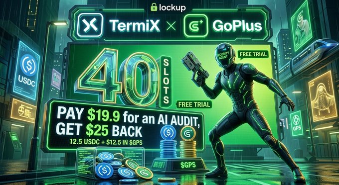 A vibrant neon-green advertisement for 'TermiX x GoPlus' offering '40 SLOTS' with the text 'PAY $19.9 for an AI AUDIT, GET $25 BACK' alongside a futuristic armored character.