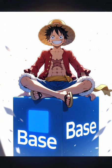 The image features a cartoon character sitting on top of a blue base with the words "Base" written on it. The character appears to be wearing a straw hat and has a smile on their face, giving off a happy vibe. The text at the bottom of the image reads, "Hey @base and @baseapp users How are you doing today? Bro just sitting on Base with zero worries Straw hat on, vibes immaculate, sipping tea while the chain keeps cooking." This post seems to be promoting a social media platform called Base.