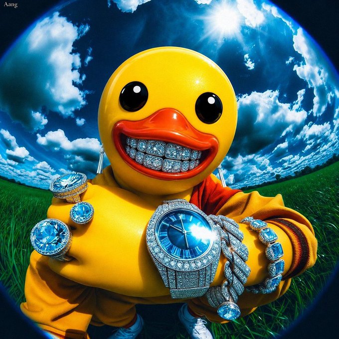 A flashy yellow duck wearing diamonds and bling, symbolizing the bullish sentiment and potential moonshot for the $UTYA token.