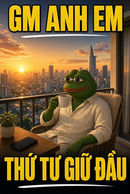 A Pepe the Frog meme image showing the frog drinking coffee on a balcony overlooking a city skyline at sunset, with Vietnamese text reading "GM ANH EM" (Good morning everyone) and "THỨ TƯ GIỮA ĐẦU" (Wednesday in the middle).