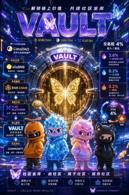 A vibrant promotional graphic for the $VAULT project on BNB Chain/ListaDAO, featuring four cartoon characters in colorful hoodies (orange, blue lightning, pink, and black cat) standing before a glowing vault door with a butterfly emblem, highlighting a 4% transaction tax split between 3.6% dividends, 0.2% LP, and 0.2% buybacks, alongside roadmap stages like BNB Chain, FLAP Platform, and Community phases.

The post about the 1.5M market cap aligns with the image's emphasis on community-driven growth ("POWERED BY COMMUNITY") and the phased development roadmap shown on the left side of the graphic.