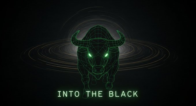 A glowing green wireframe buffalo logo with the text "INTO THE BLACK" set against a dark background with swirling light effects.