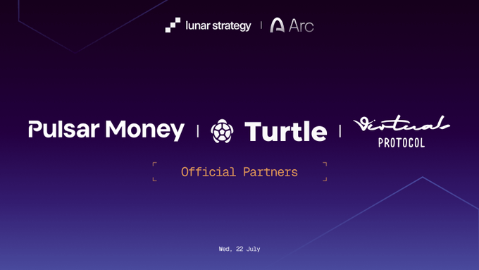A dark purple event slide showing 'Official Partners' including 'lunar strategy', 'Arc', 'Pulsar Money', 'Turtle', and 'Virtual Protocol', dated 'Wed, 22 July'.
