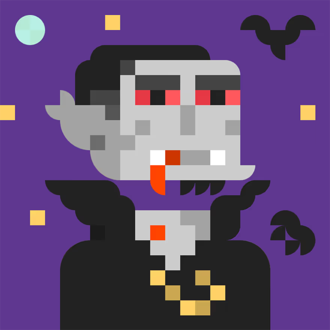 Pixel art of a grey-skinned vampire character with red eyes, pointed ears, a fanged smile, and a black cape, wearing a gold chain pendant against a purple background with bats, a moon, and yellow squares.