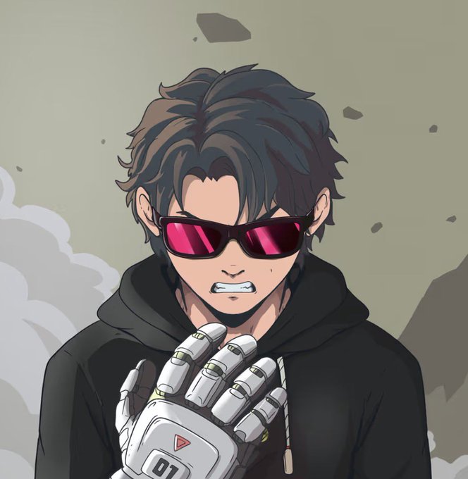 An anime-style illustration shows a young man with messy black hair wearing magenta-tinted sunglasses and a black hoodie, holding up a cybernetic gauntlet marked with "01" while debris floats in the air behind him. The image captures the gritty, dynamic vibe referenced in the post as fan art of a community legend, with the character's futuristic tech aesthetic and intense expression matching the "dope" energy the poster describes.