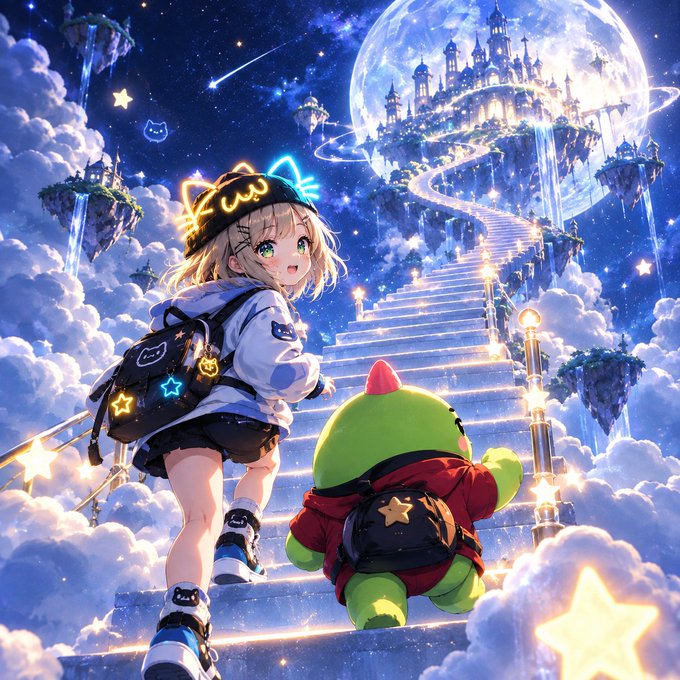 An anime-style illustration shows a blonde girl with a glowing cat-ear beanie and a green dinosaur-like creature climbing a luminous staircase through clouds toward a fairy-tale castle under a giant moon.
