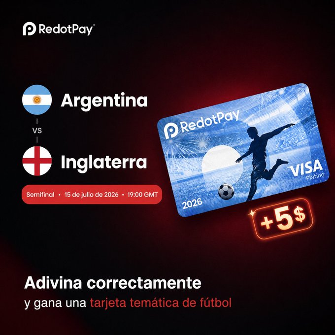 RedotPay promotional image for a prediction contest on the Argentina vs. England semifinal match on July 15, 2026 at 19:00 GMT, featuring a soccer-themed Visa Platinum card and a "+5$" prize incentive, encouraging users to repost and comment their prediction to win the football edition card and 5 USDT for new registered users.