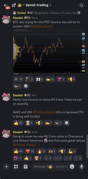 A Discord screenshot of user "Daniel" announcing a Champions Livestream tomorrow covering Alt Coin picks and setups, following messages about Bitcoin's POC bounce at VAH and a mention of AAVE and UNI as Alt Coins to watch due to Ethereum performing well locally.