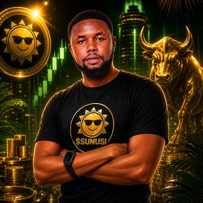 A confident man wearing a black "$SUNUSI" branded t-shirt with a sun logo stands with arms crossed against a vibrant green and gold backdrop featuring a golden bull, candlestick charts, and a large $SUNUSI coin, projecting bullish crypto energy.

The image visually reinforces the post's crypto triumph narrative—the golden bull and rising candlestick charts symbolize the "harvest" and market wins promised for the Solana-based $SUNUSI token (2vvw3cSwibzGD6SgW9QzRaBdmjkYrvs218DUy6VWpump), while the man's crossed-arms confidence echoes the steadfast determination to "stand and wait" for success.