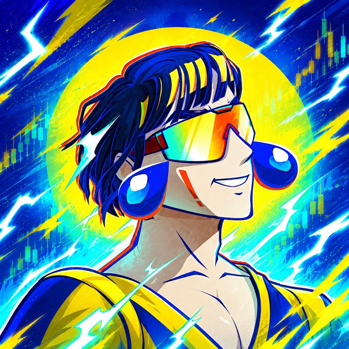 A vibrant anime-style digital artwork of a confident character wearing a yellow headband and reflective rainbow visor sunglasses, set against a dynamic background of lightning bolts, stock charts, and a yellow sun.