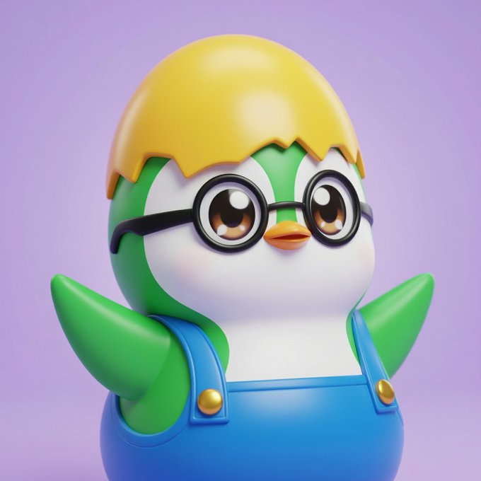 A 3D-rendered cartoon penguin character with yellow hair, round black glasses, and blue overalls stands against a soft purple background.