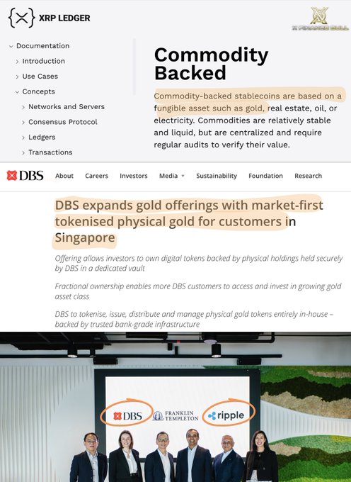 The image shows a group of people standing together with their heads turned towards the camera. The text "DBS tokenised gold" can be seen, which might be related to the DBS Ledger or Ripple Ledger being used for trading physical gold. The image also includes a caption that reads "DBS is already utilizing the XRP Ledger to power innovative trading and lending solutions".