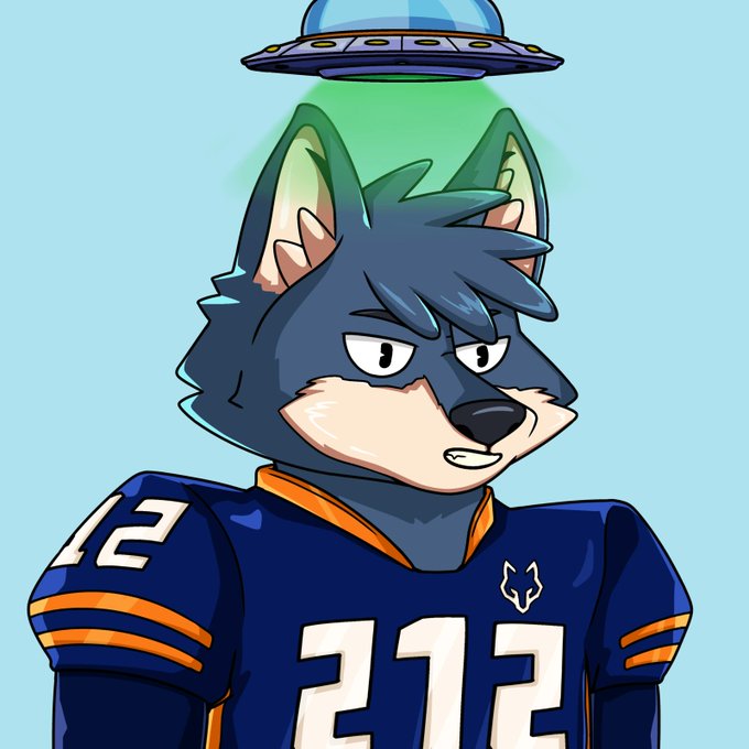 An anthropomorphic wolf character wearing a dark blue football jersey with the number "212" and a UFO hovering above its head, beaming green light down onto it. The image ties to the post by showcasing the "UFO Wolfie" NFT collectible, with "212" highlighted as a key element tied to the WolfSwap and Ebisu's Bay project.