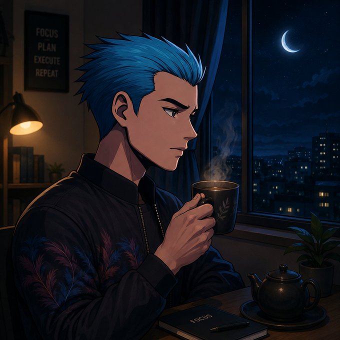 An anime-style illustration of a man with bright blue spiky hair drinking from a steaming cup at a desk by a window showing a nighttime cityscape and crescent moon, with a poster on the wall reading 'FOCUS PLAN EXECUTE REPEAT' and a notebook labeled 'FOCUS'.