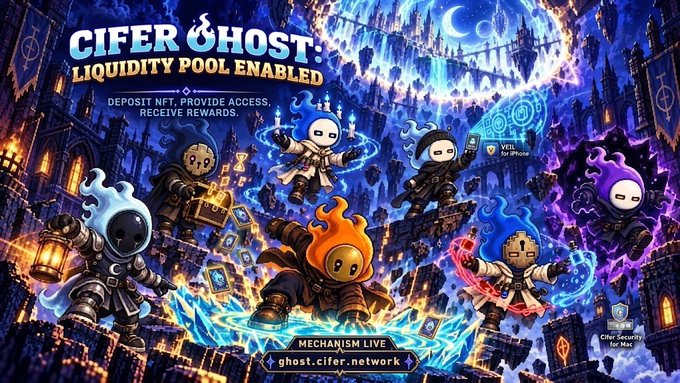 Promotional artwork for "CIFER GHOST: LIQUIDITY POOL ENABLED" featuring flame-headed hooded figures in a dark gothic cityscape, advertising a deposit NFT system with VEIL and Cipher Security features at ghost.cifer.network.