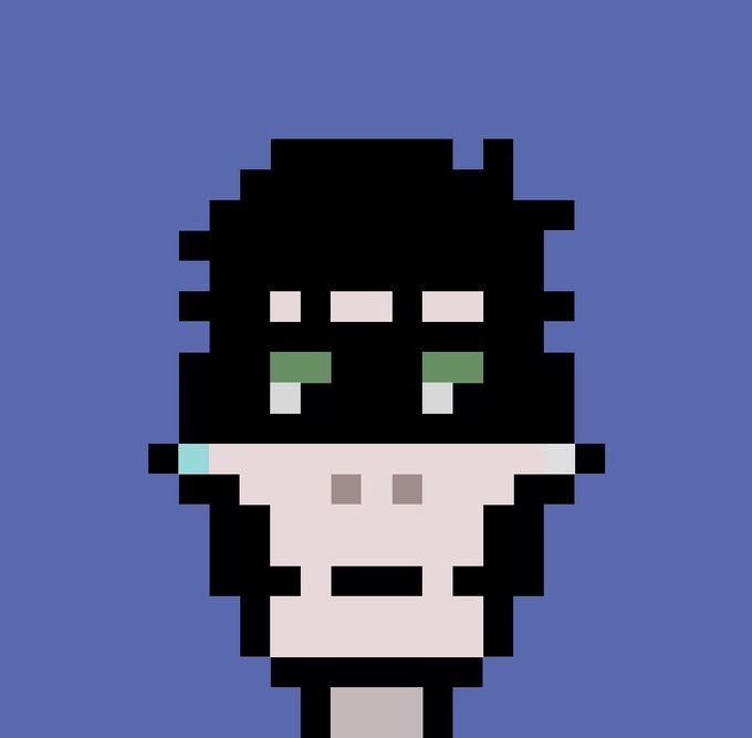 A pixel art portrait of a character with black hair, green eyes, and a white lower face against a solid blue background.