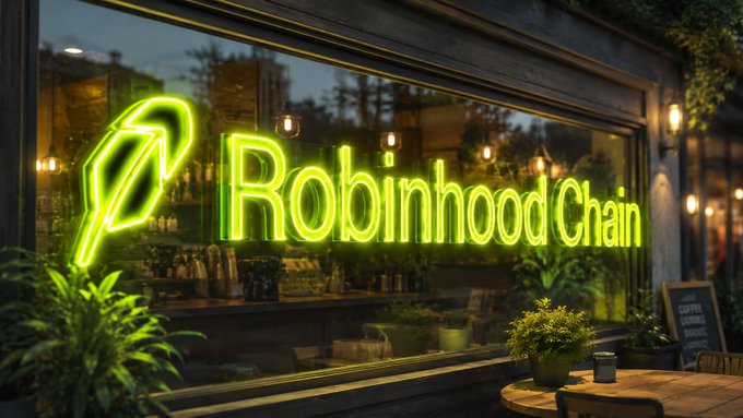 An atmospheric image of a storefront with a glowing green neon sign reading 'Robinhood Chain' alongside the Robinhood feather logo, with plants and warm interior lighting visible through the window.