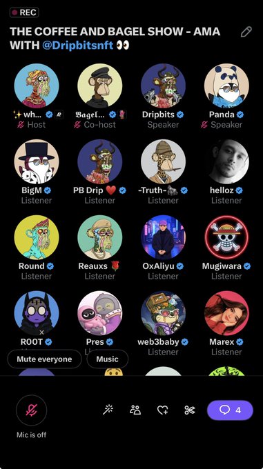 A screenshot of a Twitter Space titled "THE COFFEE AND BAGEL SHOW - AMA WITH @Dripbitsnft," showing various NFT avatars including Bored Apes and other PFP projects. The image aligns with the post about an AMA session with OG 2021 community member @dripbitsnft discussing the Bored Ape Yacht Club, featuring recognizable NFT profile pictures like "Dripbits," "PB Drip," and "Mugiwara" among the speakers and listeners.