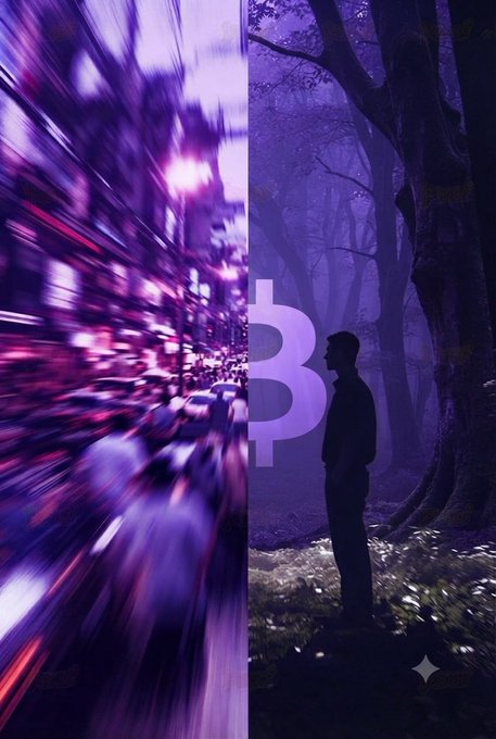 A stylized digital illustration showing a silhouette of a person standing in a misty purple forest, with the left side depicting a blurred, fast-motion cityscape and a large Bitcoin symbol in the center.