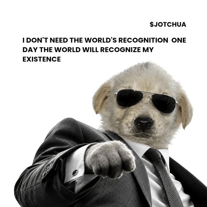 A meme featuring a golden retriever puppy in a suit and sunglasses pointing at the camera, with the text '$JOTCHUA' and 'I DON'T NEED THE WORLD'S RECOGNITION ONE DAY THE WORLD WILL RECOGNIZE MY EXISTENCE'.