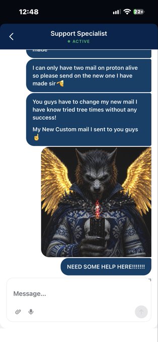 A chat support conversation where a user requests changing their email, frustrated with three failed attempts, sharing an image of a winged wolf character.