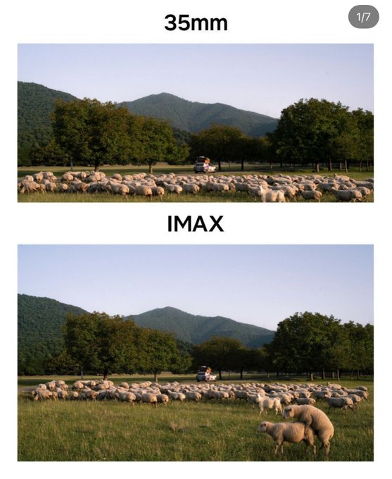 A comparison image showing two film formats: a cropped '35mm' view of sheep in a field with mountains, and a wider 'IMAX' view showing more of the same landscape.