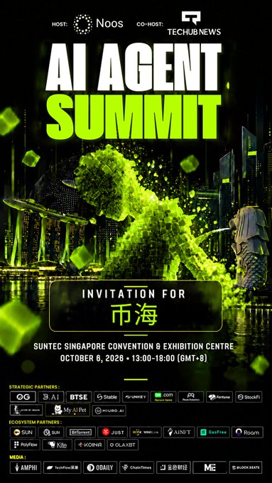 The image is a promotional poster for the **AI Agent Summit**, hosted by **Noos** and co-hosted by **Techub News**, featuring a green pixelated monster design. The event is an invitation for **市海** (CitySea/Shihai), scheduled for **October 9, 2026, 13:00–18:00 (GMT+8)** at the **Suntec Singapore Convention & Exhibition Centre**, with strategic partners like **3AI, BTSE, Stable, GMCI, Com, P9, Fortune, and StoaFi** listed.

The poster ties directly to the post's theme, visually promoting the shift from traditional chatbots to autonomous AI agents capable of independently executing tasks.