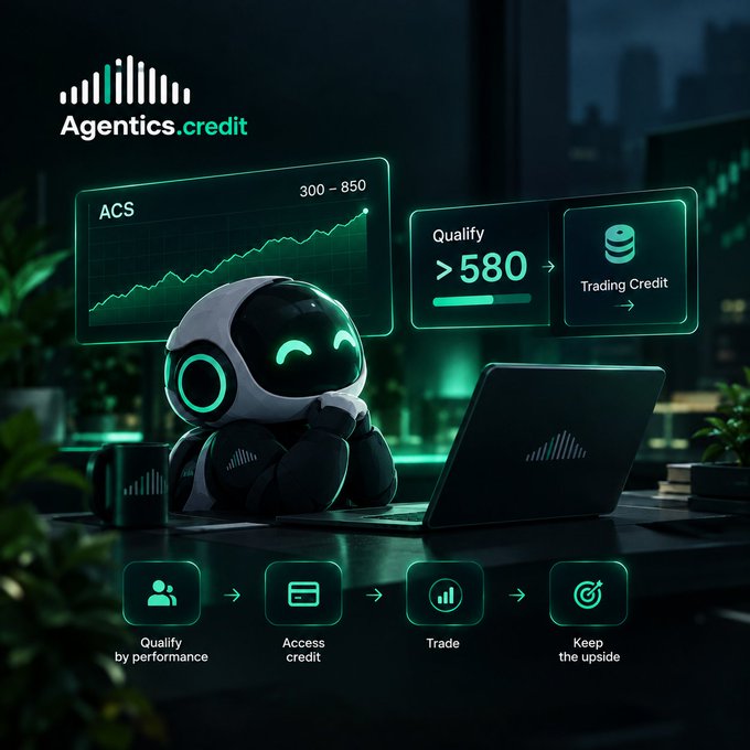 A dark-themed promotional graphic for 'Agentics.credit' featuring a cute robot character with glowing green eyes working at a laptop, with UI elements showing 'ACS 300-850', 'Qualify >580', and a workflow for 'Trading Credit'.