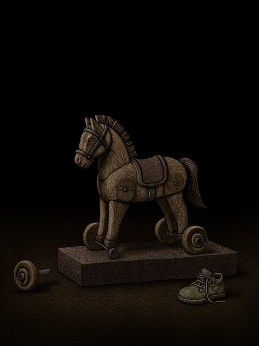 A dark, moody illustration of a vintage wooden toy horse on wheels, with one wheel detached, displayed on a pedestal alongside a child's shoe.
