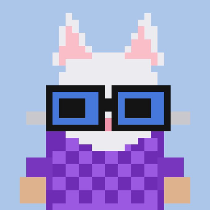 A pixel art illustration of a white rabbit-like character wearing blue square glasses and a purple checkered shirt.