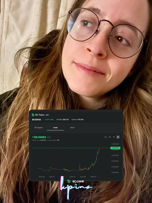 A selfie of a woman with glasses, with an overlaid chart showing 'BC Token (BC)' at $0.02652, a 547% gain, and the 'BC.GAME' logo.