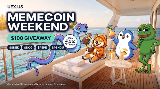 A promotional banner for 'UEX.US MEMECOIN WEEKEND' features a $100 giveaway with cartoon animals on a yacht, advertising 4.5% APY and tickers $SNEK, $DOG, $PEPE, and $PENGU.